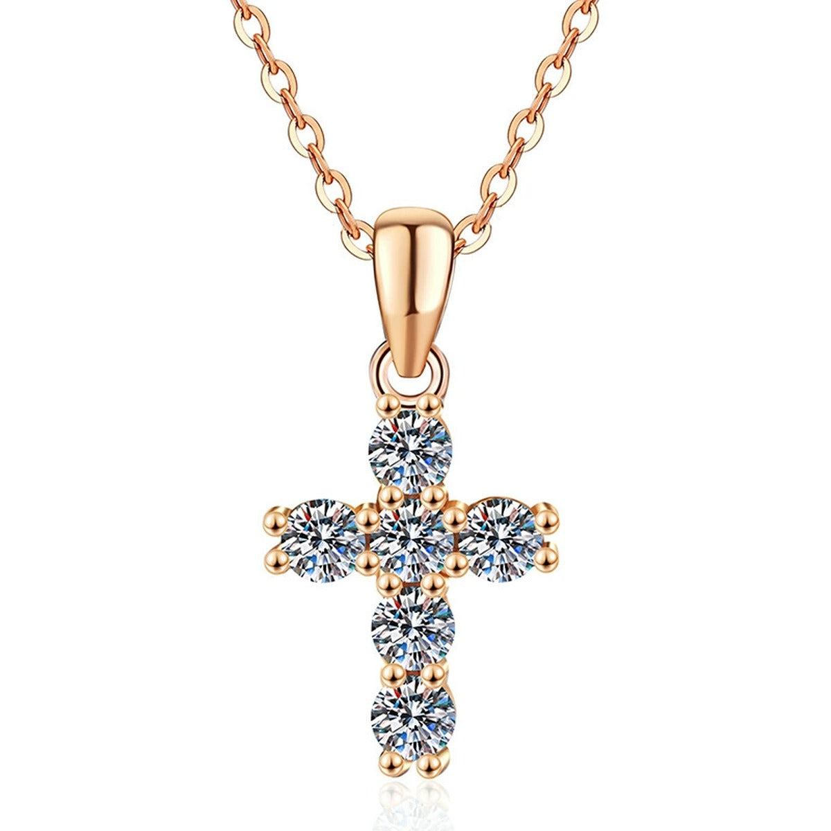 Cross Moissanite Pendant Necklace in S925 Sterling Silver on clean white background showing the delicate cross pendant set with round moissanite stones