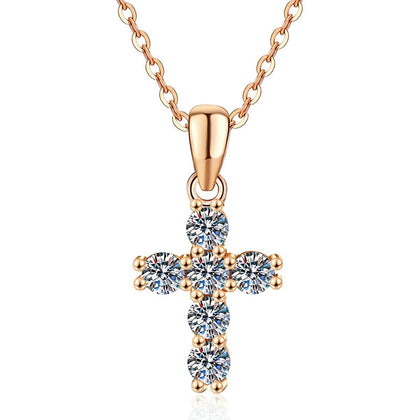 Cross Moissanite Pendant Necklace in S925 Sterling Silver on clean white background showing the delicate cross pendant set with round moissanite stones