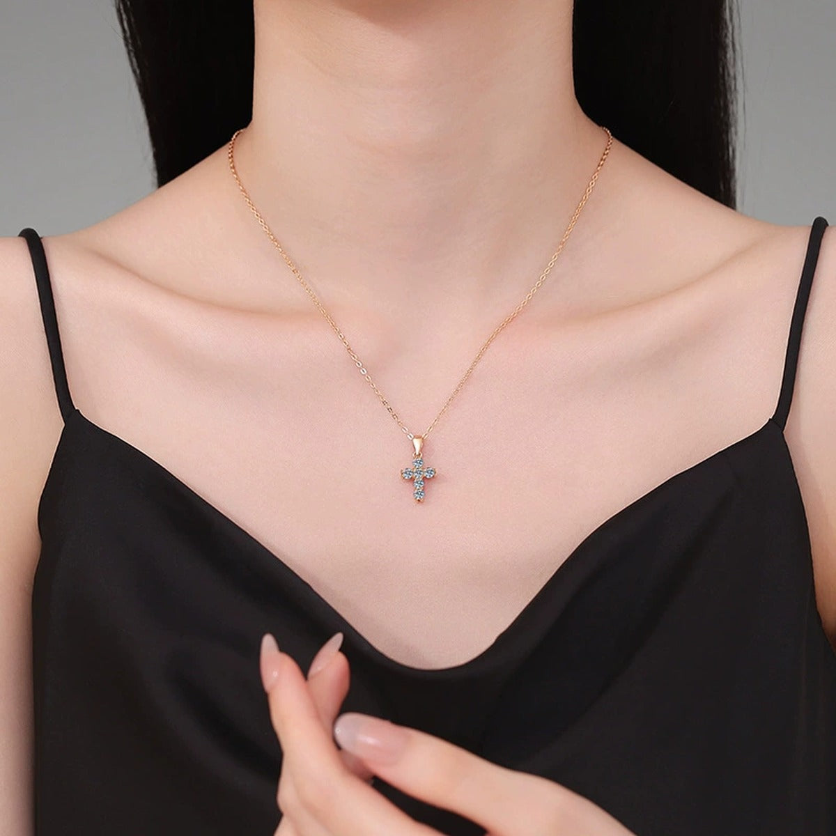 Cross Moissanite Pendant Necklace in S925 Sterling Silver worn on neckline by model