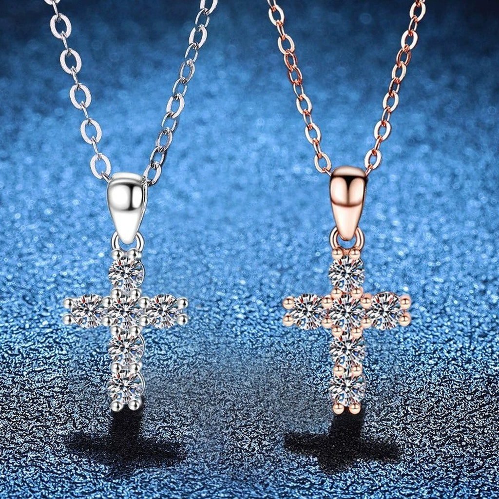 Cross Moissanite Pendant Necklace in S925 Sterling Silver blue background product view