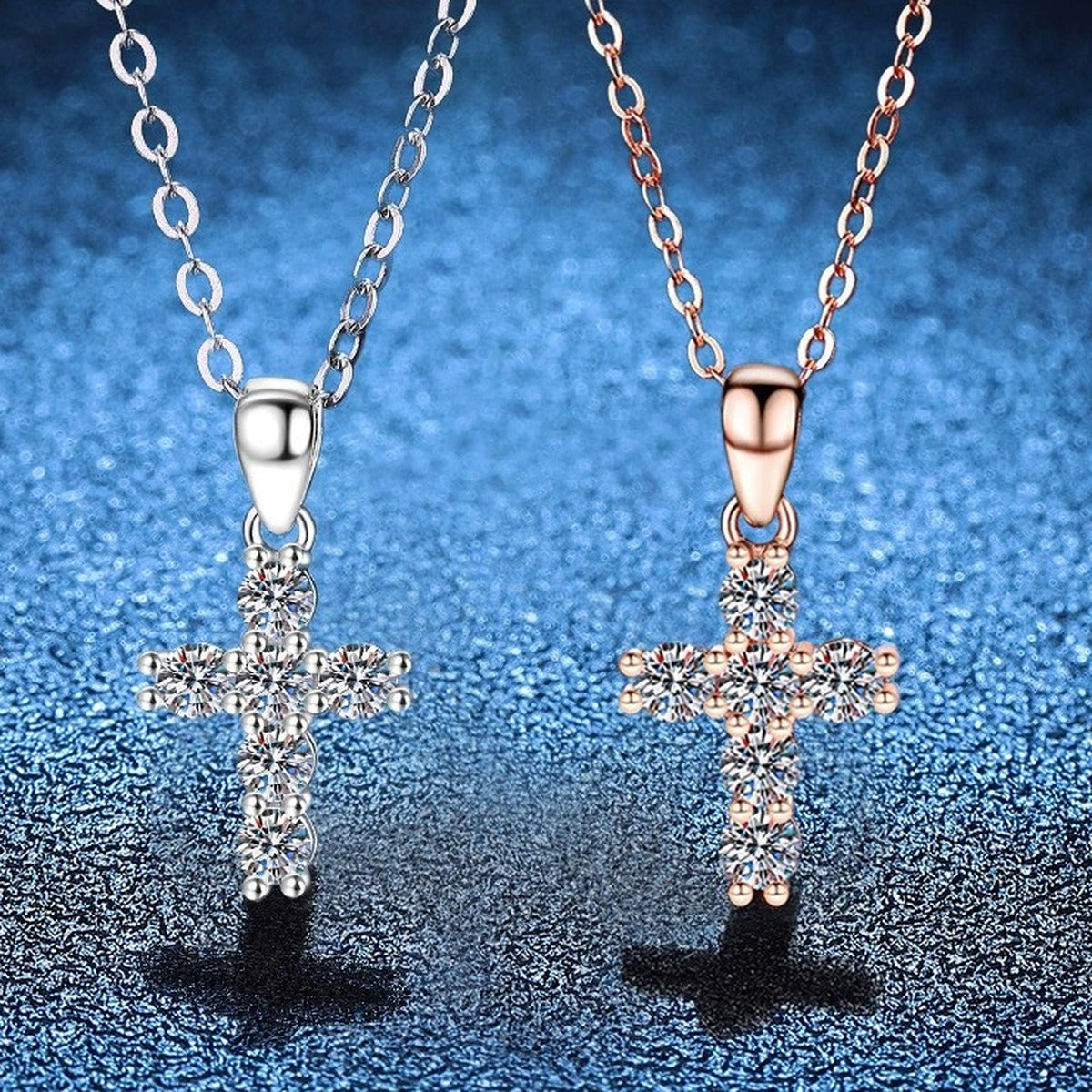 Cross Moissanite Pendant Necklace in S925 Sterling Silver blue background product view