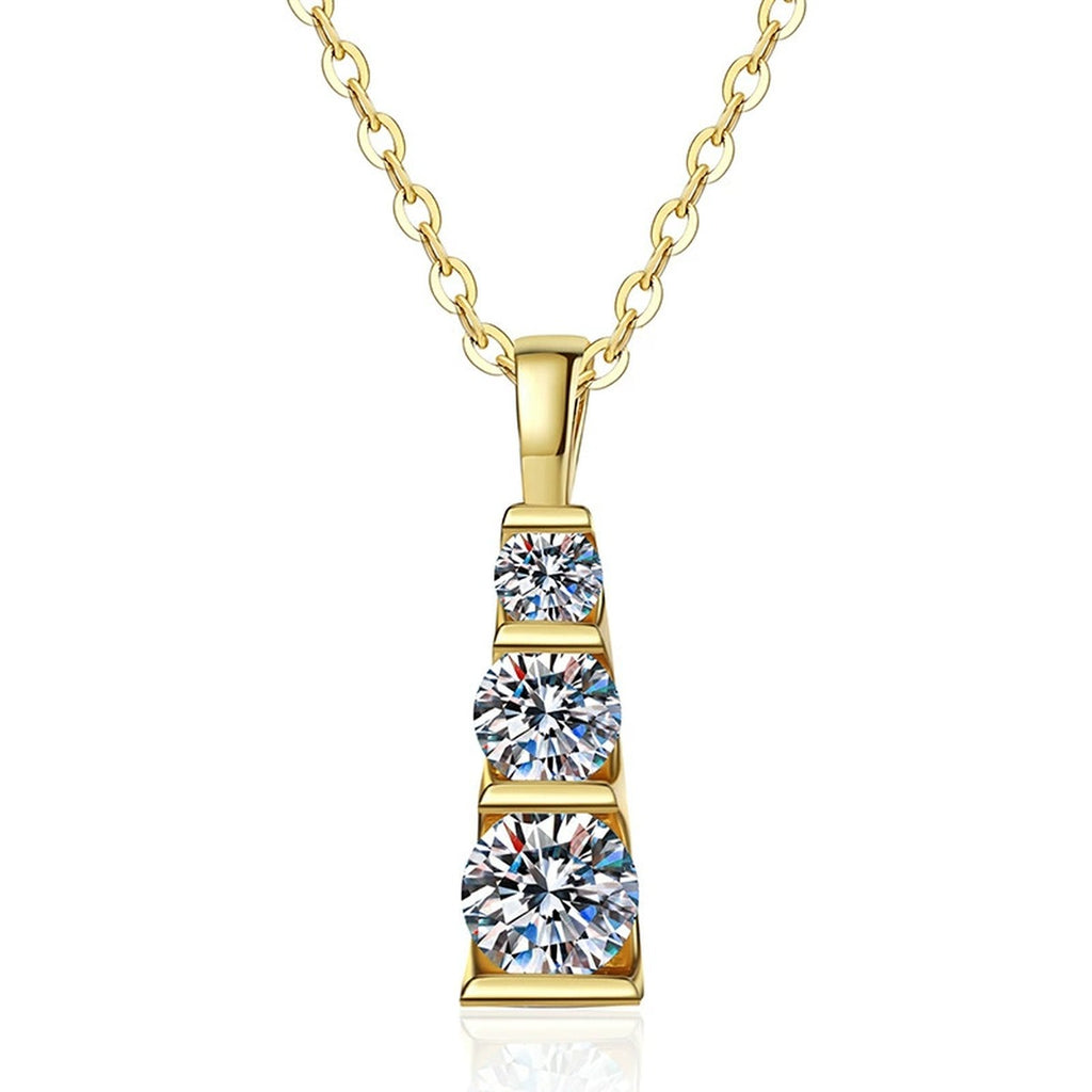 Vertical Three-Stone Moissanite Bar Necklace in 14K Yellow Gold-Plated S925 Sterling Silver on clean white background showing the vertical three-stone bar pendant