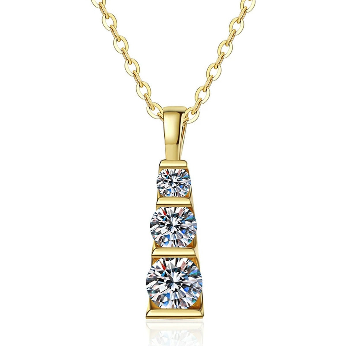 Vertical Three-Stone Moissanite Bar Necklace in 14K Yellow Gold-Plated S925 Sterling Silver on clean white background showing the vertical three-stone bar pendant