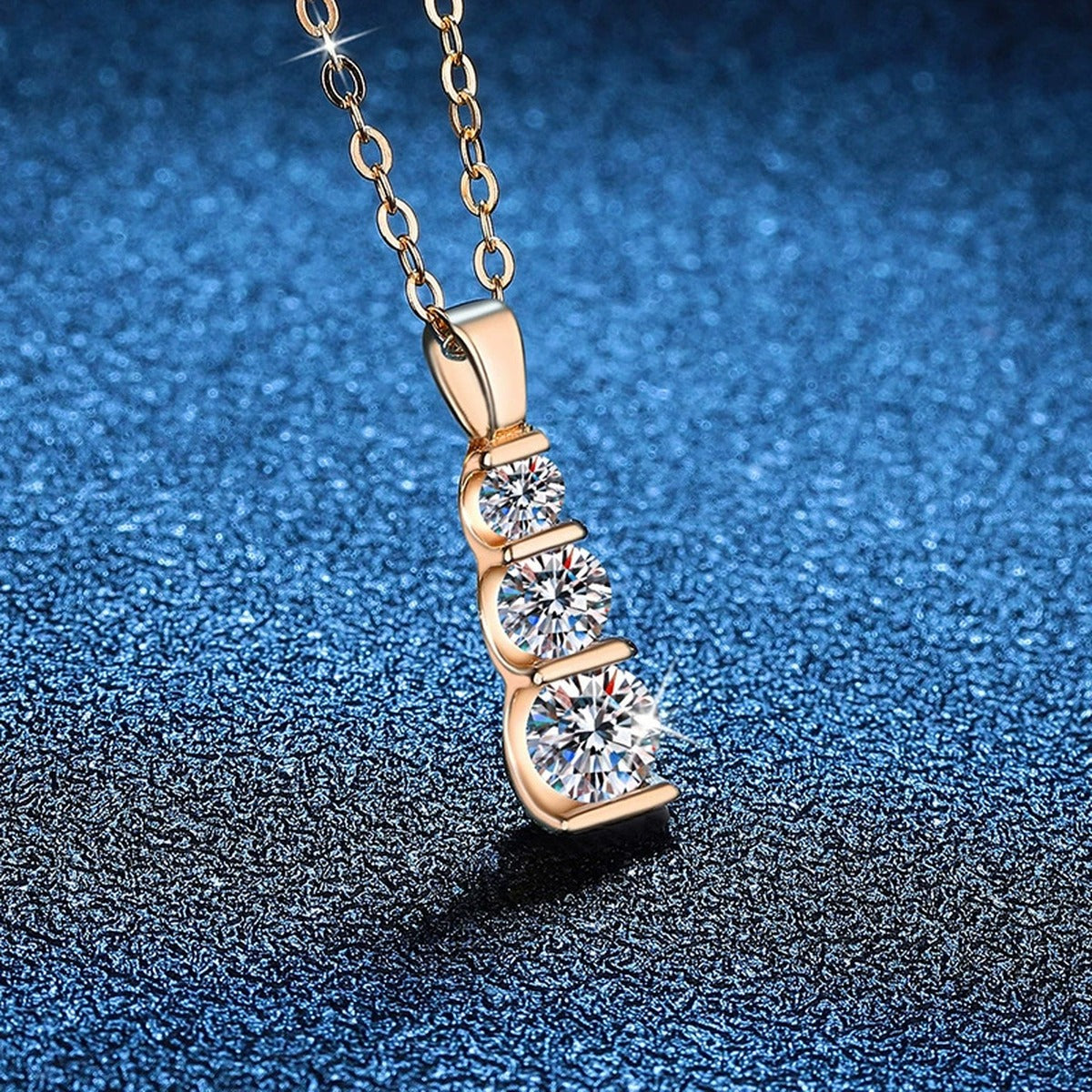 Vertical Three-Stone Moissanite Bar Necklace in 14K Yellow Gold-Plated S925 Sterling Silver blue background product view