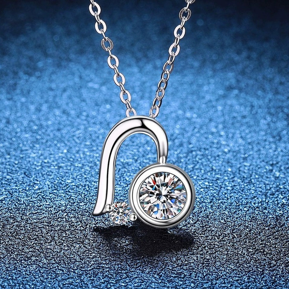 Musical Note Moissanite Pendant Necklace in S925 Sterling Silver blue background styling view