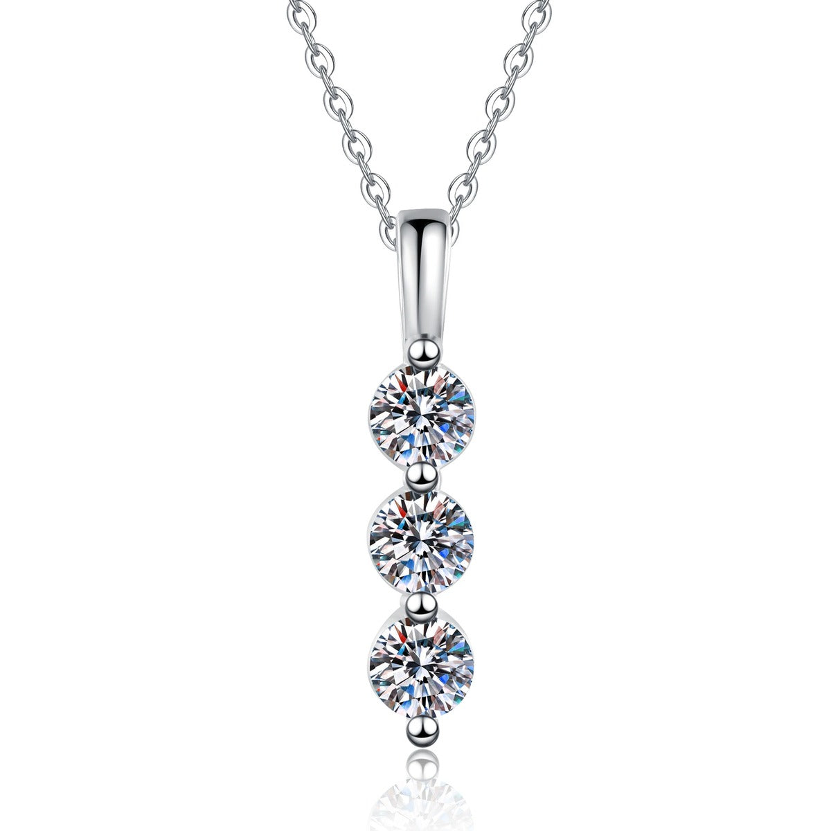 Vertical Three-Stone Moissanite Drop Necklace in S925 Sterling Silver on clean white background showing the slim vertical three-stone drop pendant
