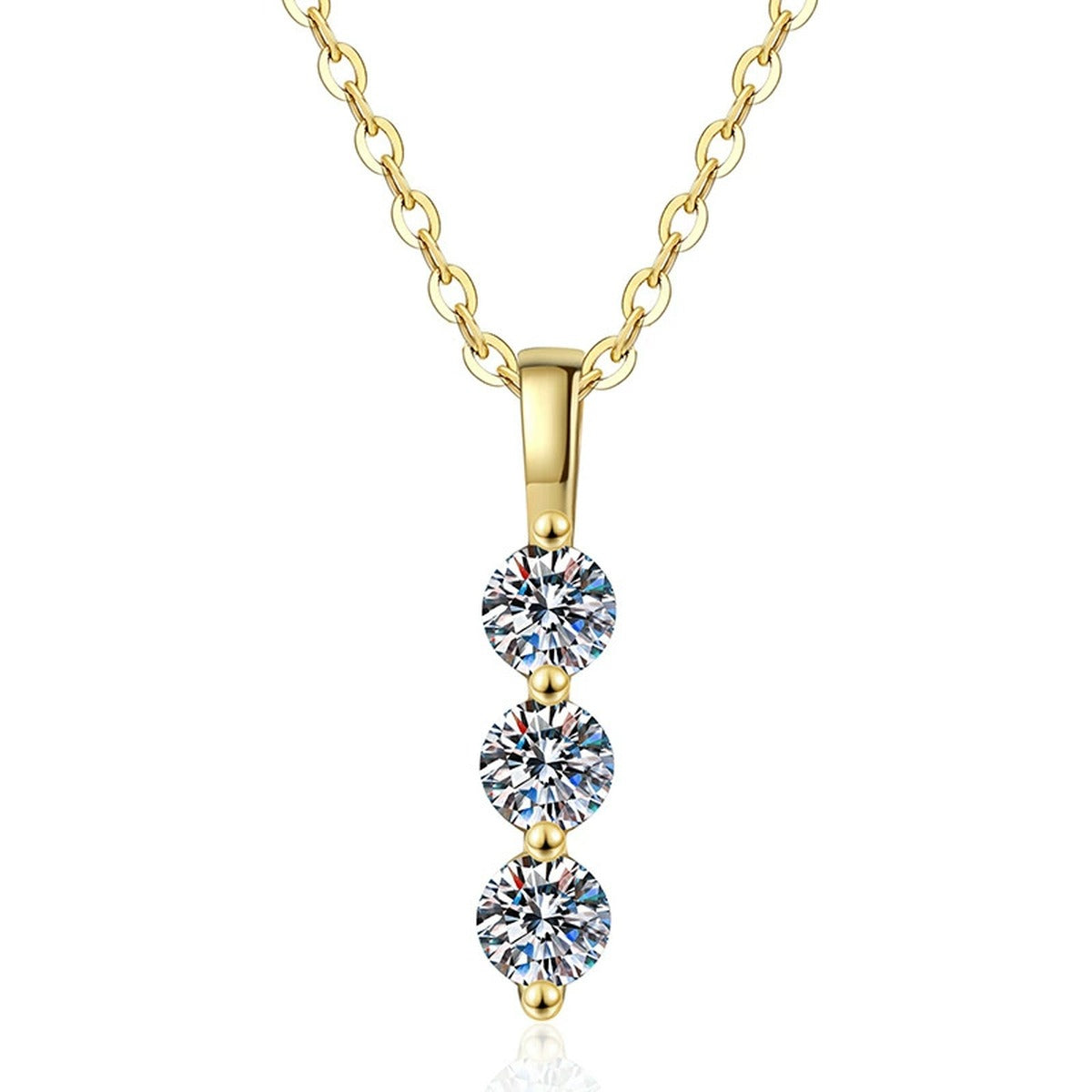 Vertical Three-Stone Moissanite Drop Necklace in S925 Sterling Silver on clean white background showing the slim vertical three-stone drop pendant