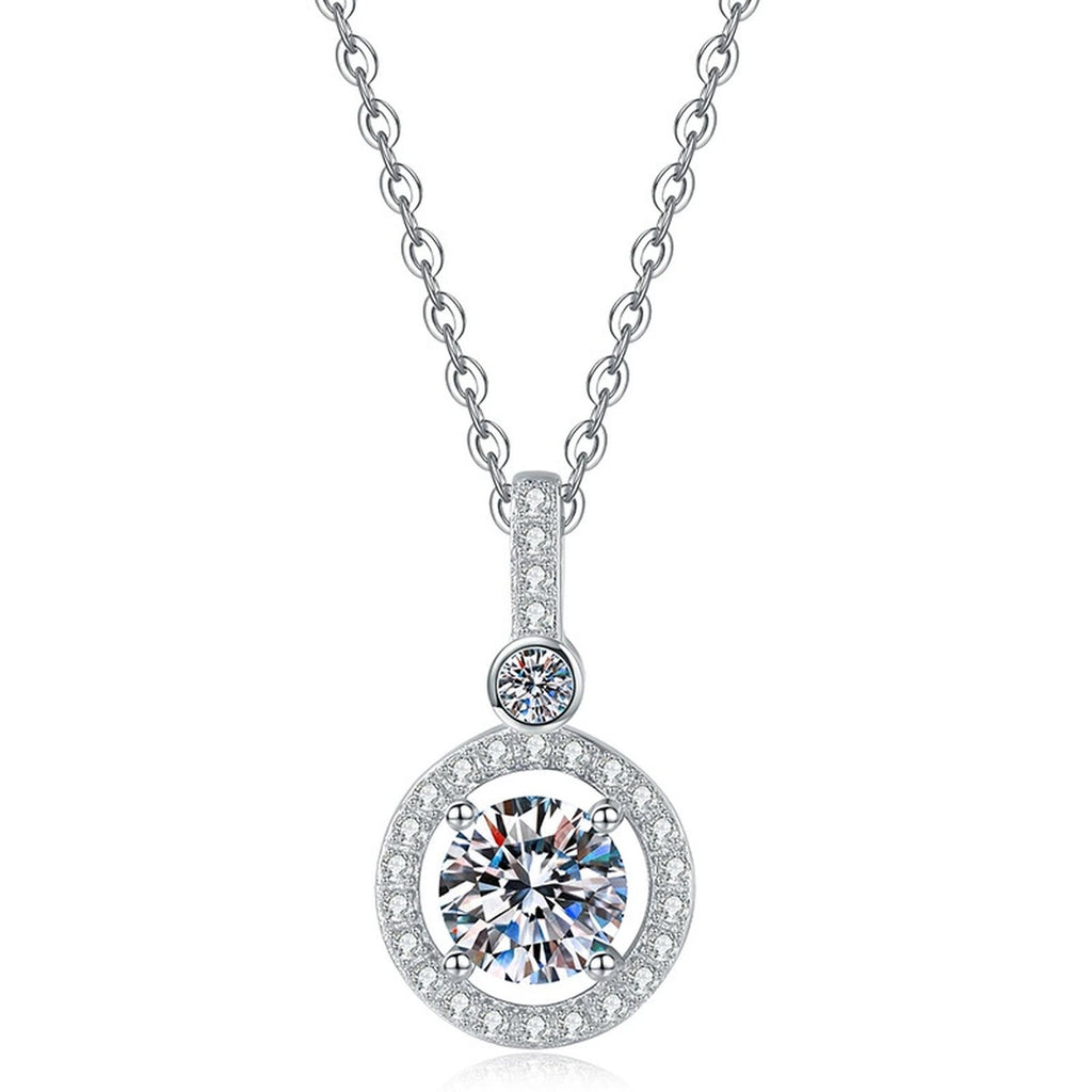 Round Halo Drop Moissanite Pendant Necklace in Platinum-Plated S925 Sterling Silver on clean white background showing the round halo drop pendant with a slim pave bail