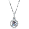Round Halo Drop Moissanite Pendant Necklace in Platinum-Plated S925 Sterling Silver on clean white background showing the round halo drop pendant with a slim pave bail