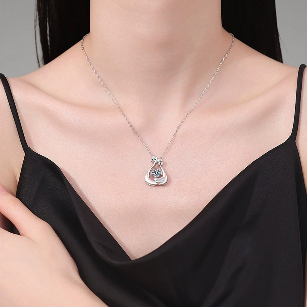 Open Teardrop Moissanite Pendant Necklace in Platinum-Plated S925 Sterling Silver worn on neckline by model