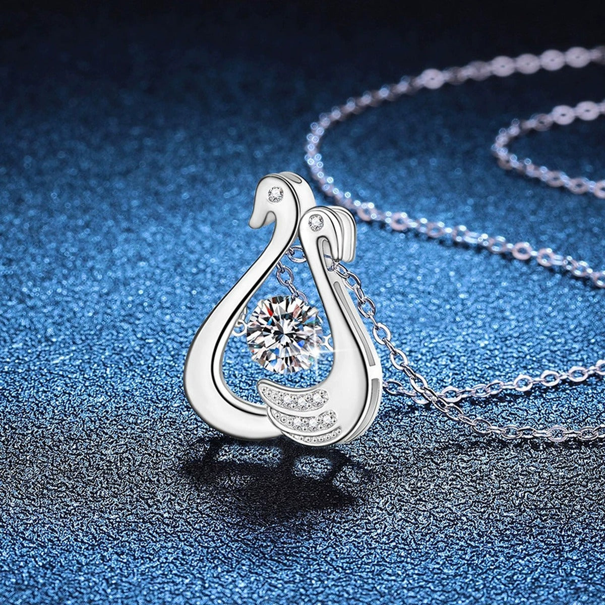 Open Teardrop Moissanite Pendant Necklace in Platinum-Plated S925 Sterling Silver blue background product view