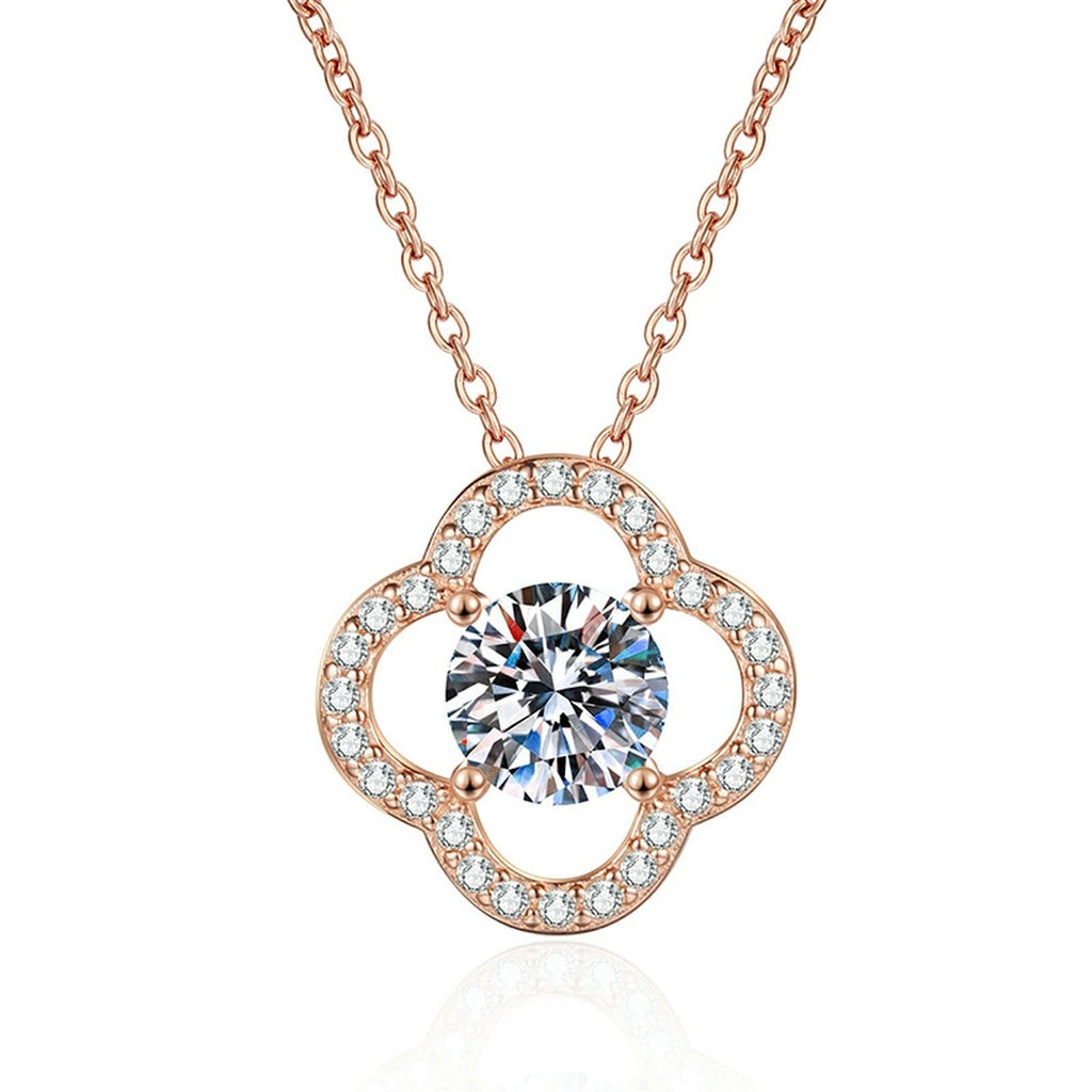 Clover Halo Moissanite Pendant Necklace in Rose Gold-Plated S925 Sterling Silver on clean white background showing the clover halo pendant with an open quatrefoil frame