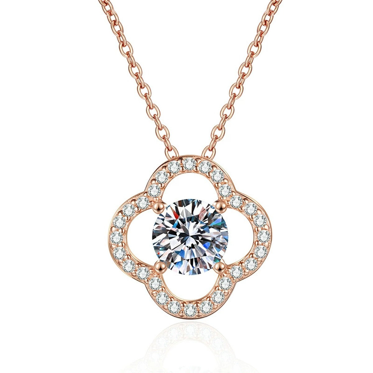 Clover Halo Moissanite Pendant Necklace in Rose Gold-Plated S925 Sterling Silver on clean white background showing the clover halo pendant with an open quatrefoil frame