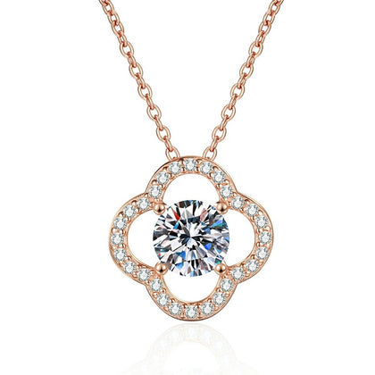 Clover Halo Moissanite Pendant Necklace in Rose Gold-Plated S925 Sterling Silver on clean white background showing the clover halo pendant with an open quatrefoil frame
