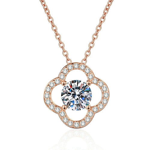 Clover Halo Moissanite Pendant Necklace in Rose Gold-Plated S925 Sterling Silver on clean white background showing the clover halo pendant with an open quatrefoil frame