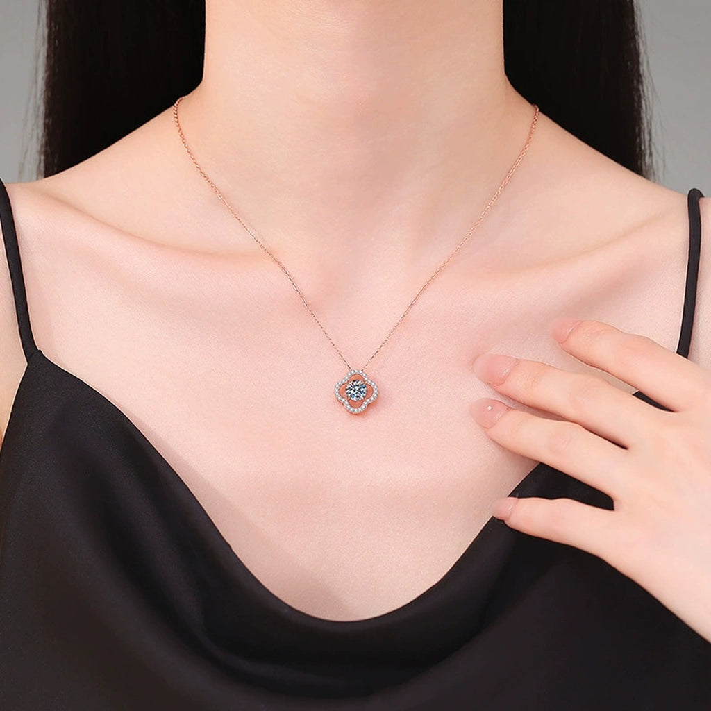 Clover Halo Moissanite Pendant Necklace in Rose Gold-Plated S925 Sterling Silver worn on neckline by model