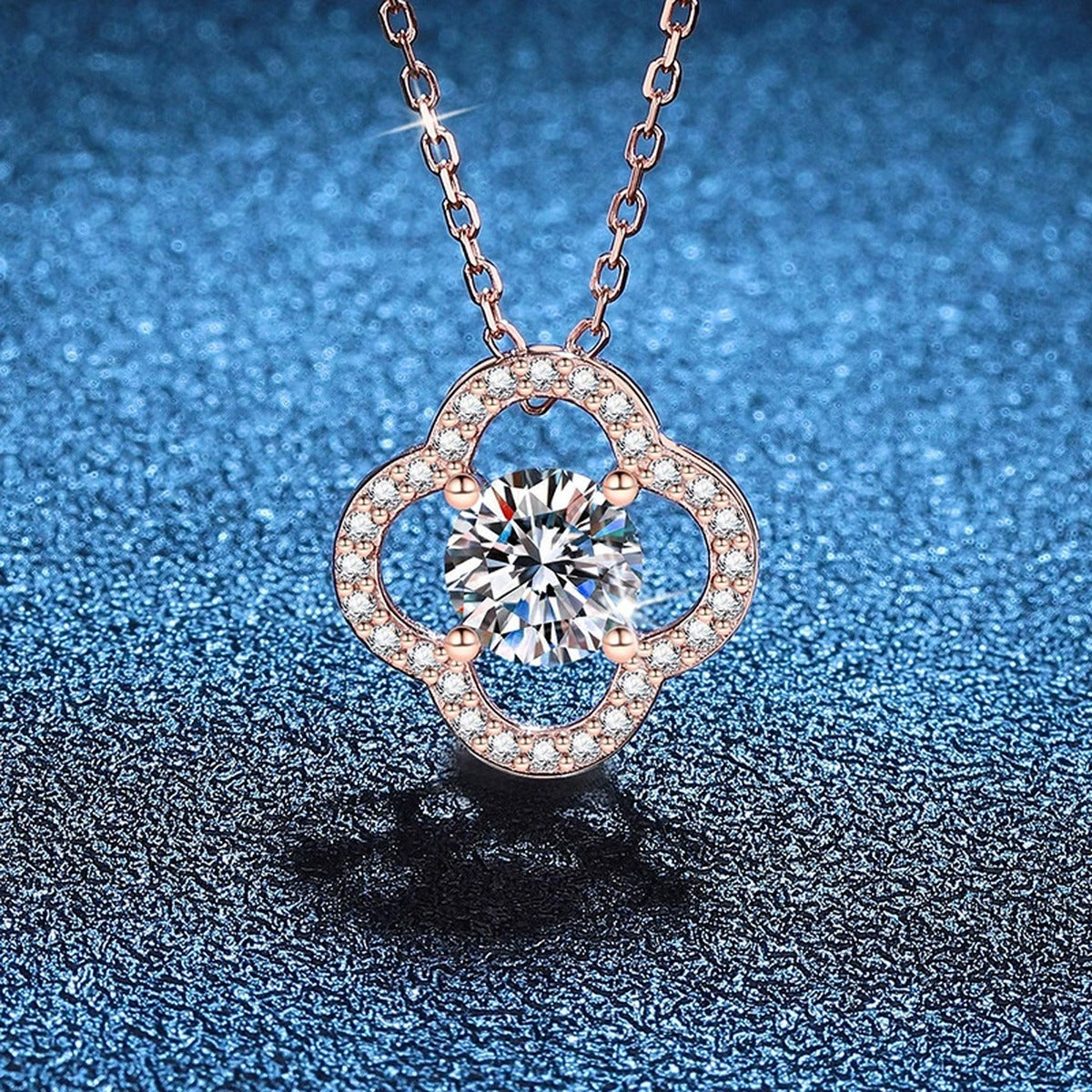 Clover Halo Moissanite Pendant Necklace in Rose Gold-Plated S925 Sterling Silver blue background product view