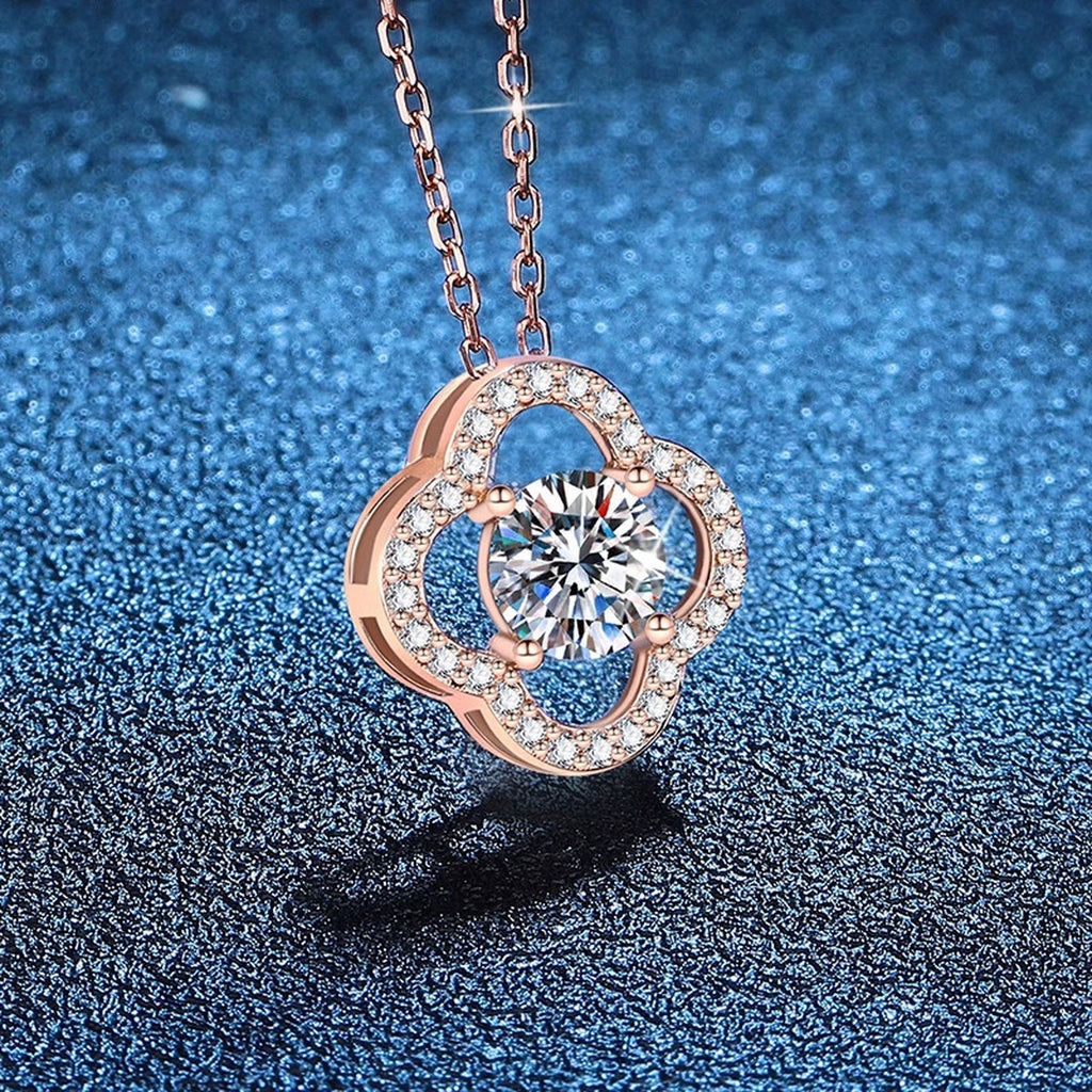 Clover Halo Moissanite Pendant Necklace in Rose Gold-Plated S925 Sterling Silver blue background close-up view