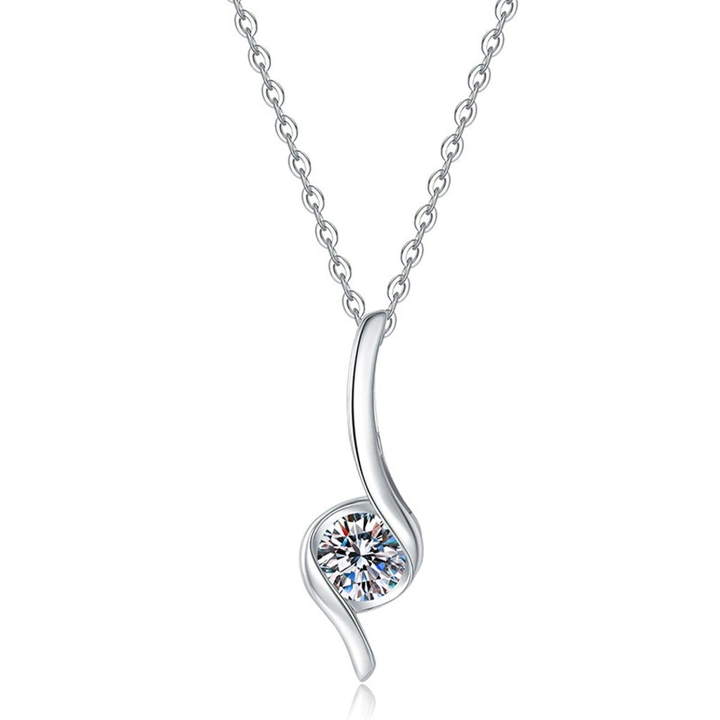 Curved Line Moissanite Pendant Necklace in Platinum-Plated S925 Sterling Silver on clean white background showing the long curved line pendant with a side-set moissanite