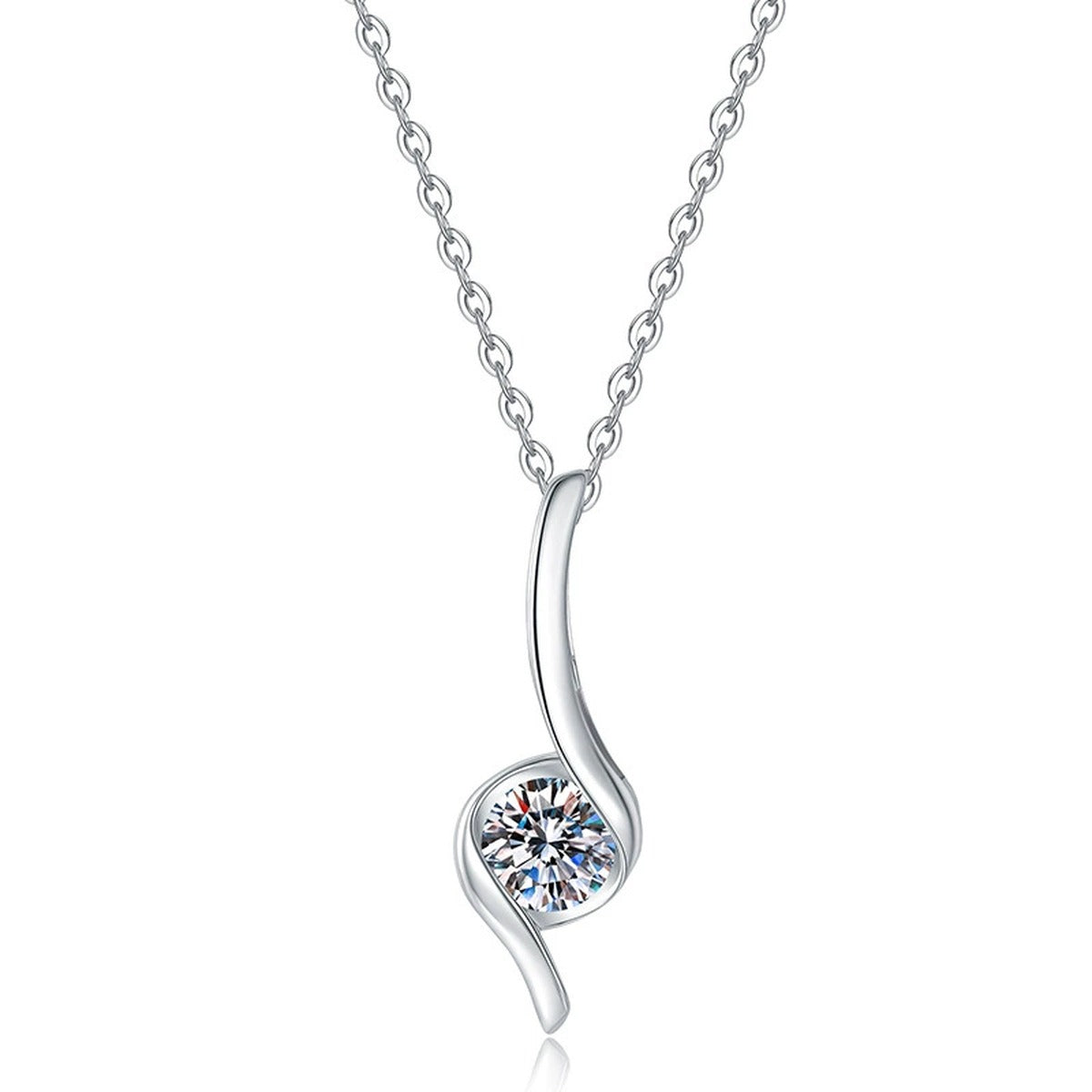 Curved Line Moissanite Pendant Necklace in Platinum-Plated S925 Sterling Silver on clean white background showing the long curved line pendant with a side-set moissanite
