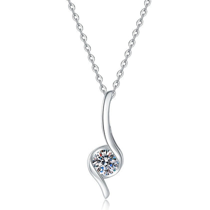 Curved Line Moissanite Pendant Necklace in Platinum-Plated S925 Sterling Silver on clean white background showing the long curved line pendant with a side-set moissanite
