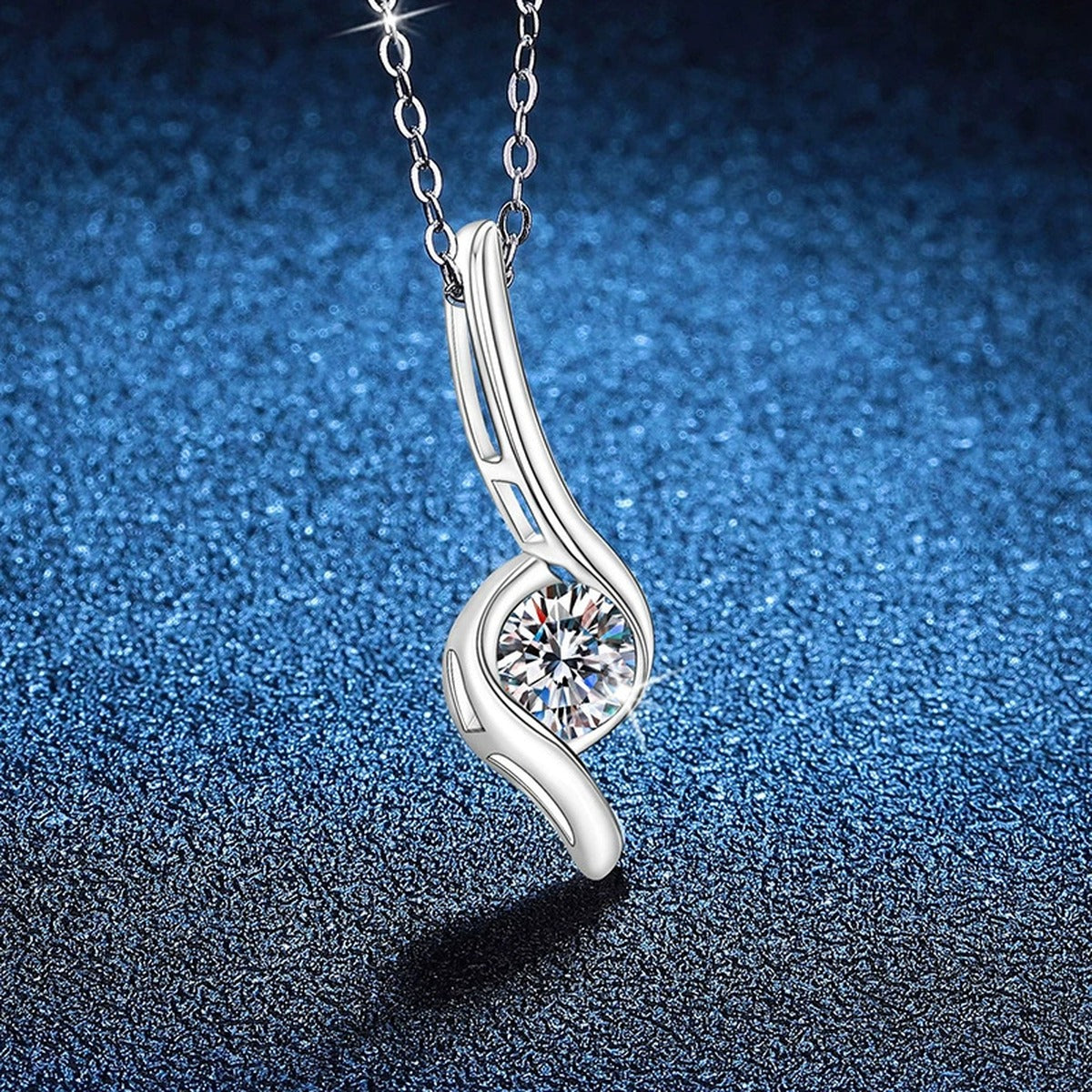 Curved Line Moissanite Pendant Necklace in Platinum-Plated S925 Sterling Silver blue background product view