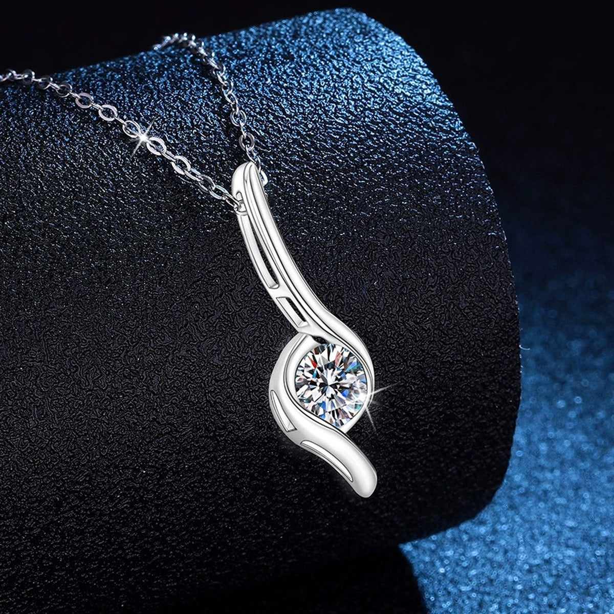 Curved Line Moissanite Pendant Necklace in Platinum-Plated S925 Sterling Silver dark background product display view