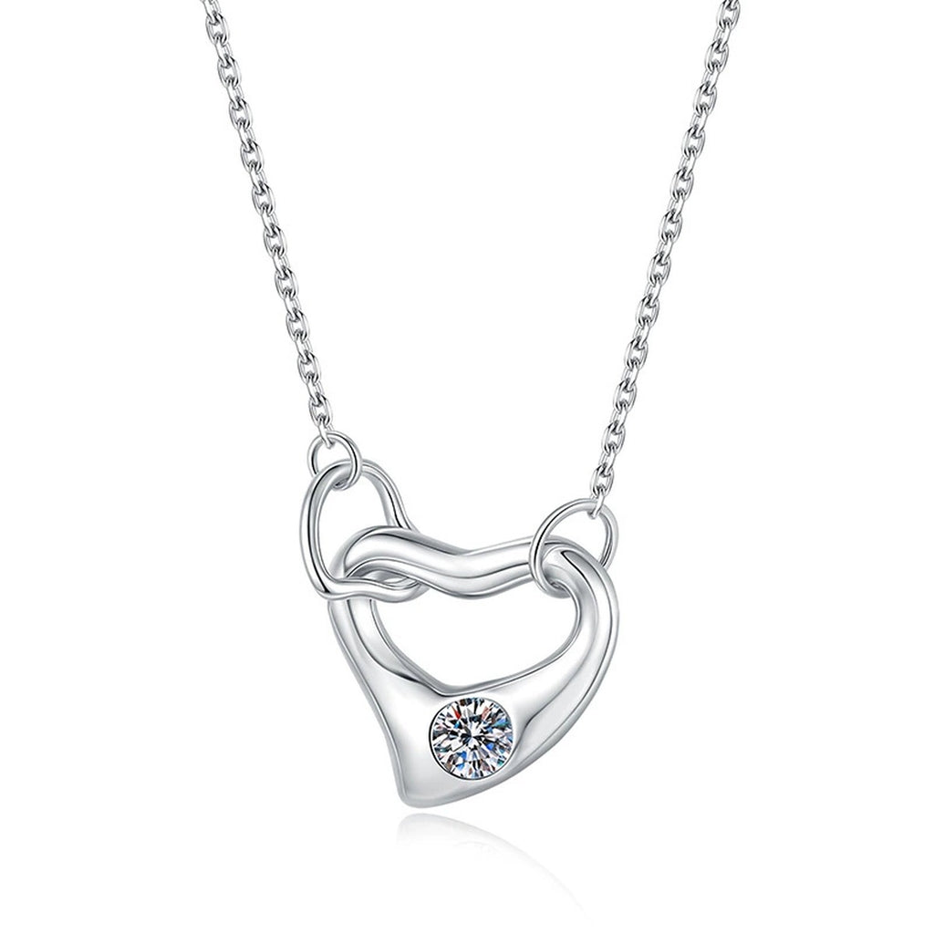 Open Heart Knot Moissanite Pendant Necklace in Platinum-Plated S925 Sterling Silver on clean white background showing the open heart knot pendant with a bezel-set moissanite