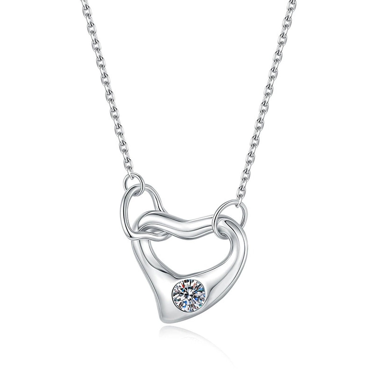 Open Heart Knot Moissanite Pendant Necklace in Platinum-Plated S925 Sterling Silver on clean white background showing the open heart knot pendant with a bezel-set moissanite