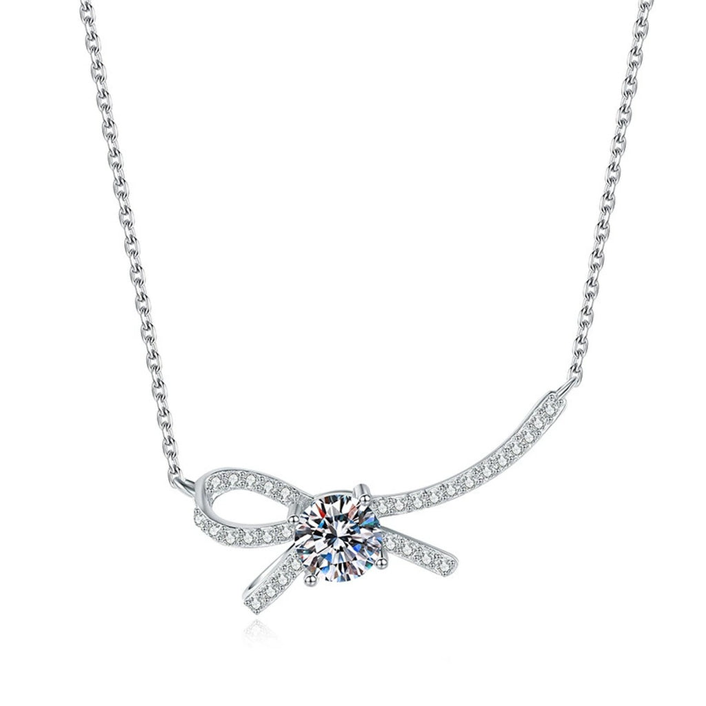 Ribbon Bow Moissanite Collar Necklace in Platinum-Plated S925 Sterling Silver on clean white background showing the ribbon bow collar necklace with a center moissanite
