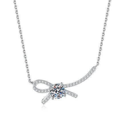 Ribbon Bow Moissanite Collar Necklace in Platinum-Plated S925 Sterling Silver on clean white background showing the ribbon bow collar necklace with a center moissanite