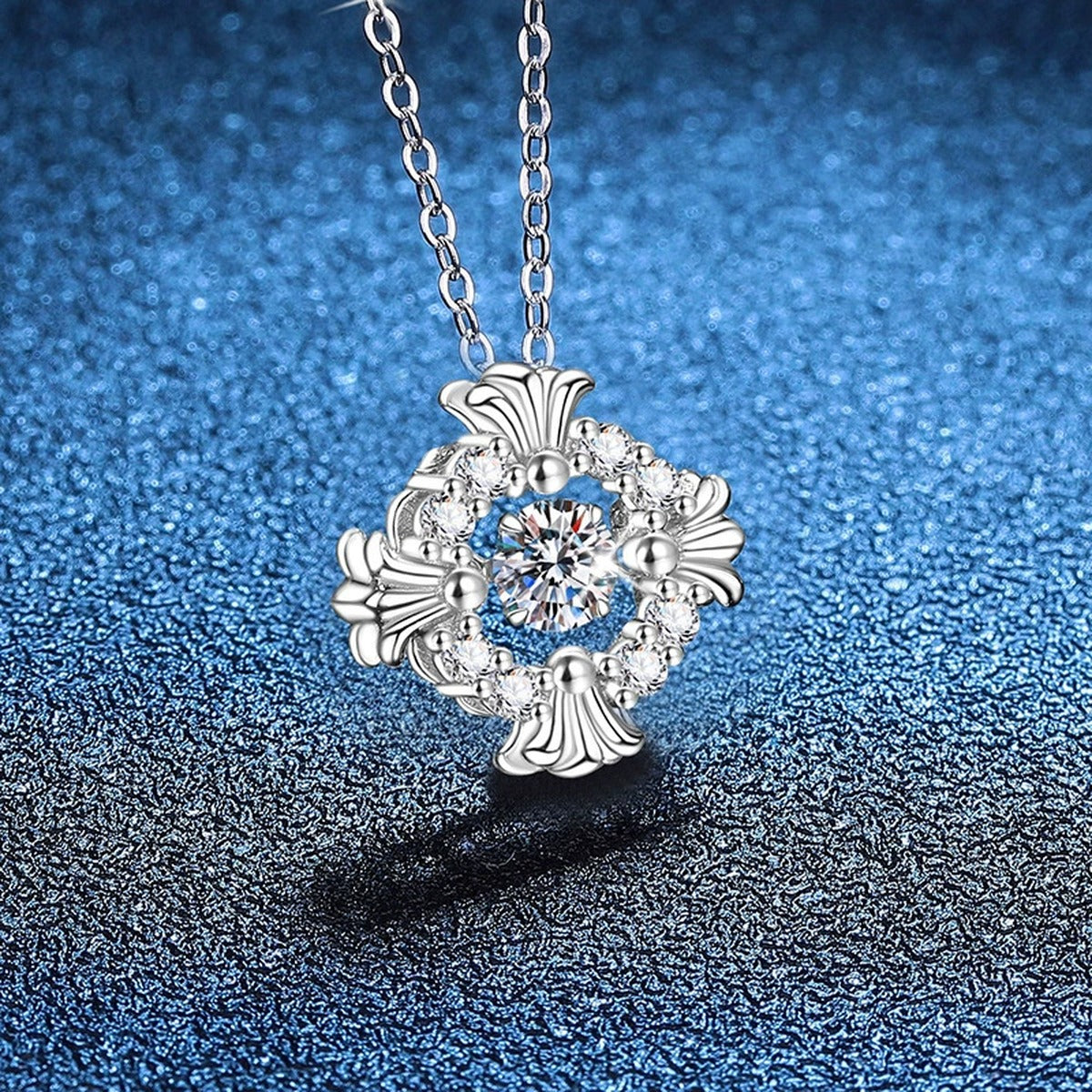 Floral Square Halo Moissanite Pendant Necklace in Platinum-Plated S925 Sterling Silver blue background product view