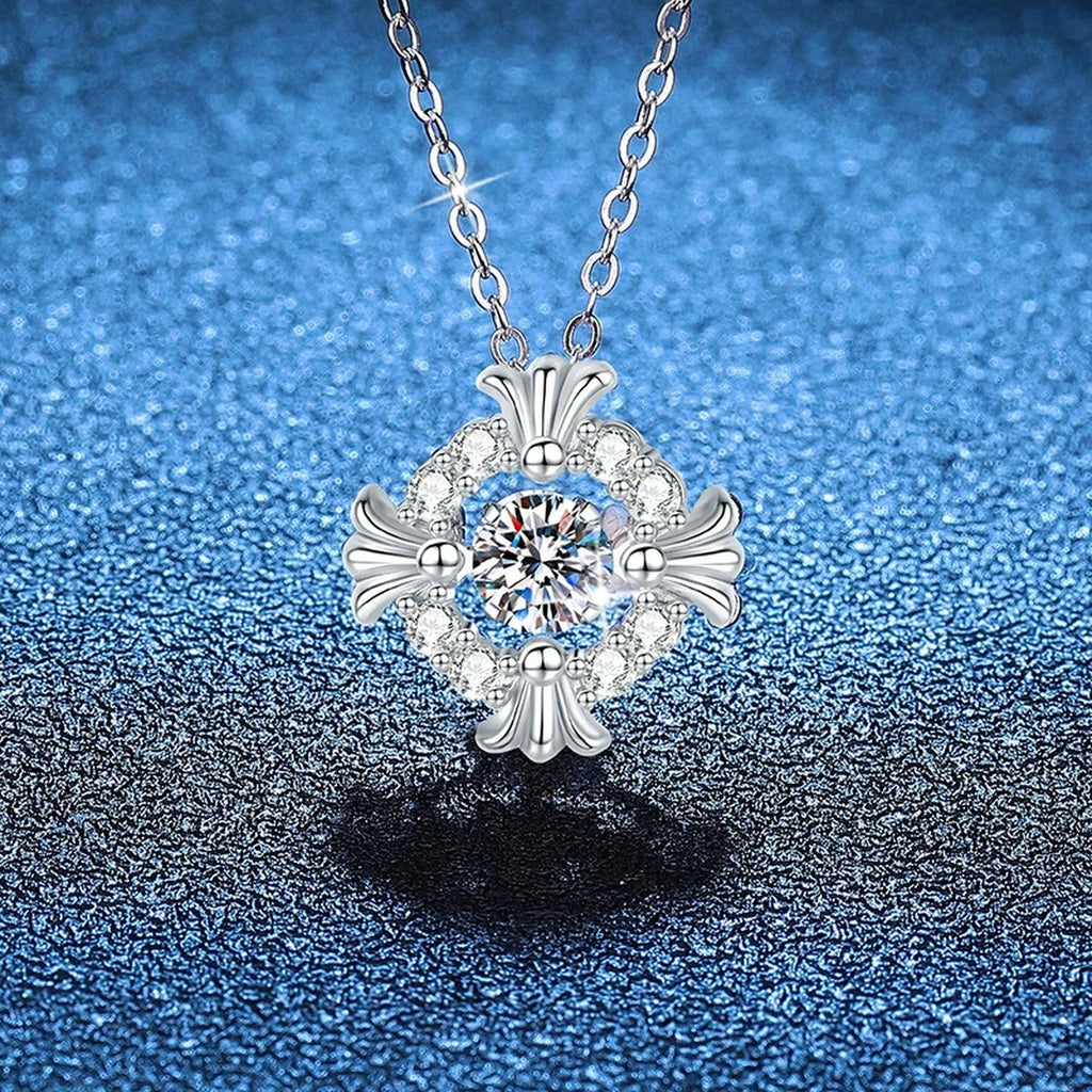 Floral Square Halo Moissanite Pendant Necklace in Platinum-Plated S925 Sterling Silver blue background angled view