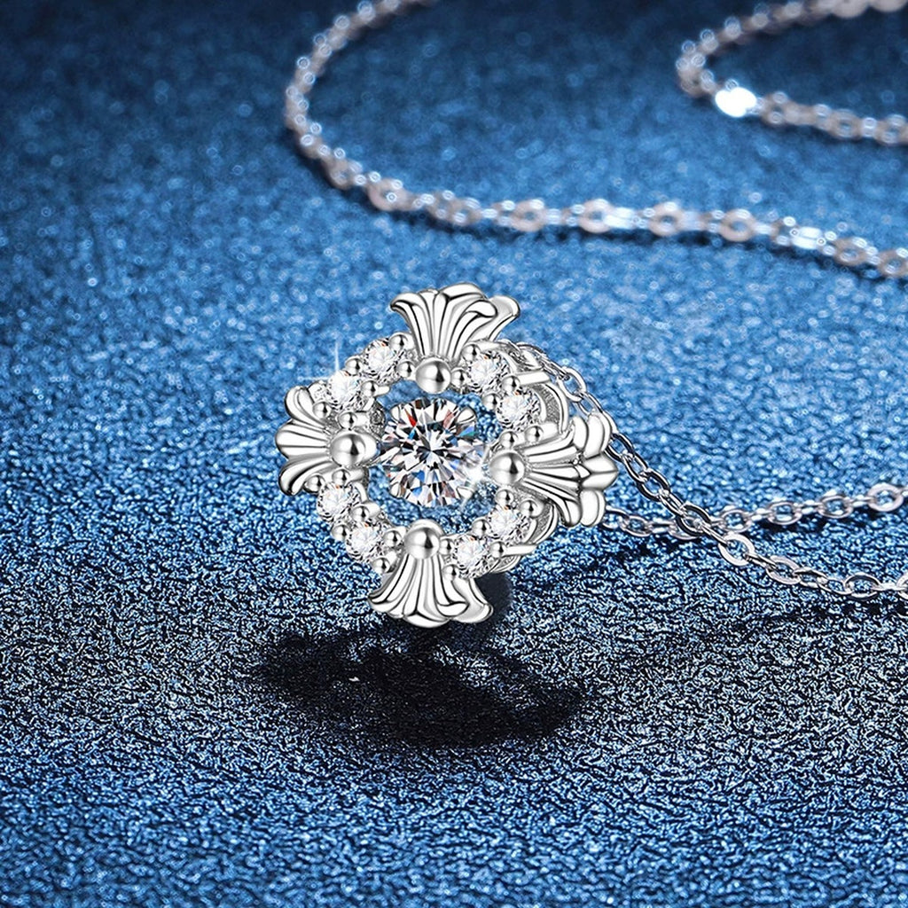 Floral Square Halo Moissanite Pendant Necklace in Platinum-Plated S925 Sterling Silver blue background close-up view