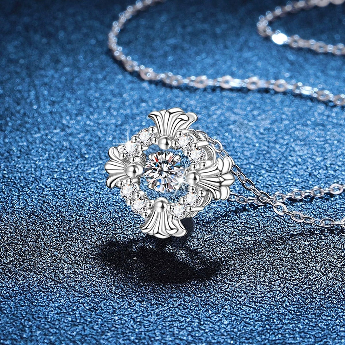 Floral Square Halo Moissanite Pendant Necklace in Platinum-Plated S925 Sterling Silver blue background close-up view