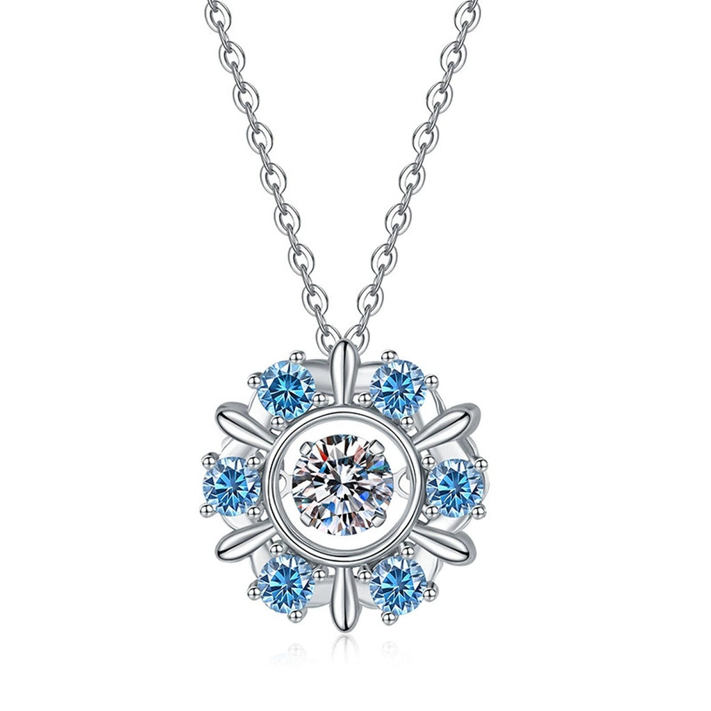 Sunburst Halo Moissanite Pendant Necklace with Cubic Zirconia Side Stones in Platinum-Plated S925 Sterling Silver on clean white background showing the sunburst halo pendant with colored cubic zirconia side stones