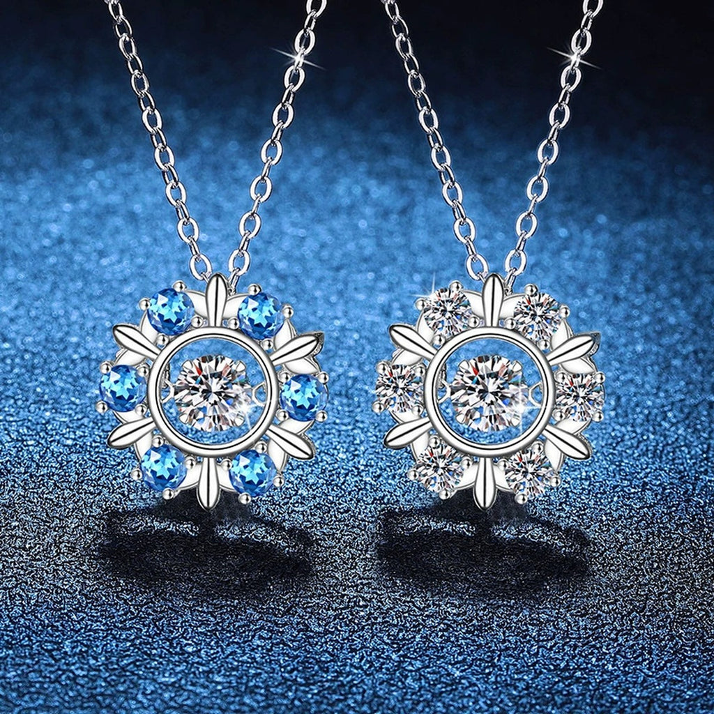 Sunburst Halo Moissanite Pendant Necklace with Cubic Zirconia Side Stones in Platinum-Plated S925 Sterling Silver blue background product view