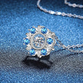 Sunburst Halo Moissanite Pendant Necklace with Cubic Zirconia Side Stones in Platinum-Plated S925 Sterling Silver blue background close-up view