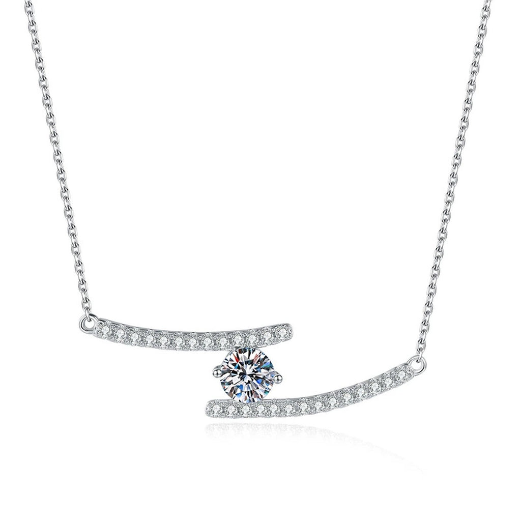 Bypass Bar Moissanite Necklace in Platinum-Plated S925 Sterling Silver on clean white background showing the asymmetric bypass bar necklace with a center moissanite