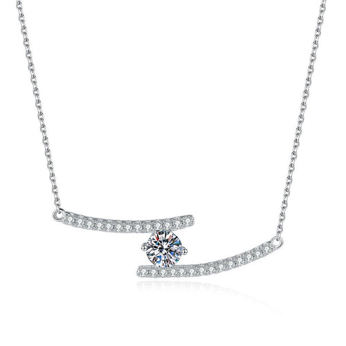 Bypass Bar Moissanite Necklace in Platinum-Plated S925 Sterling Silver on clean white background showing the asymmetric bypass bar necklace with a center moissanite