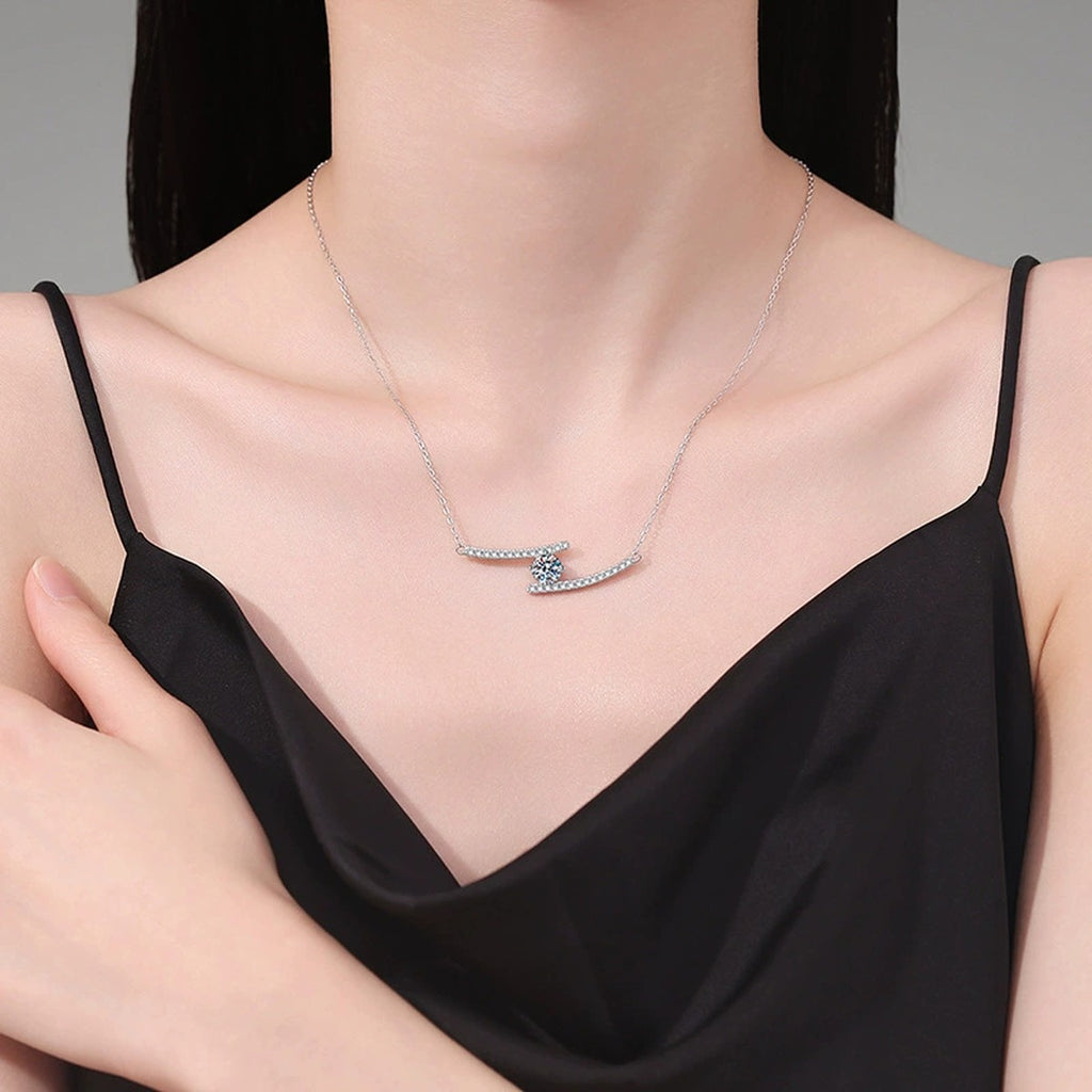 Bypass Bar Moissanite Necklace in Platinum-Plated S925 Sterling Silver worn on neckline by model