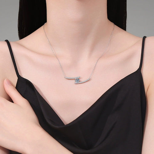 Bypass Bar Moissanite Necklace in Platinum-Plated S925 Sterling Silver worn on neckline by model