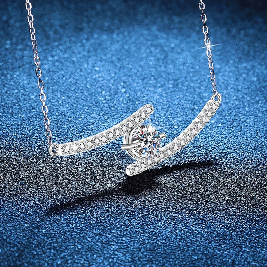 Bypass Bar Moissanite Necklace in Platinum-Plated S925 Sterling Silver blue background product view