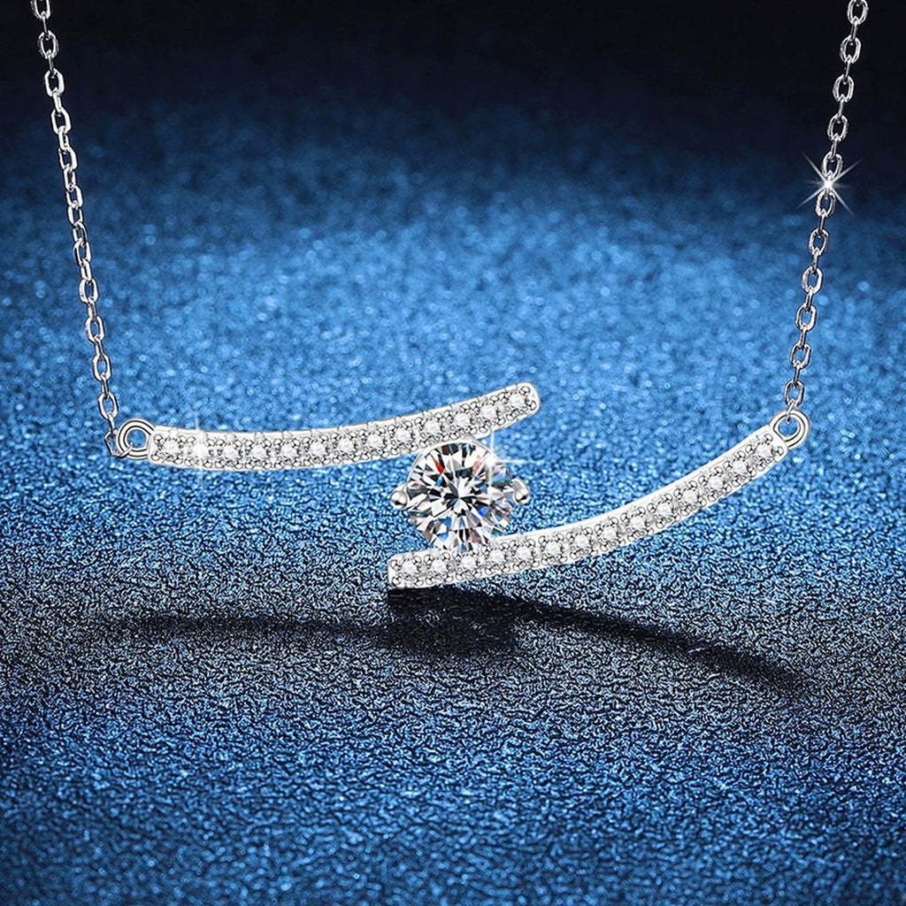 Bypass Bar Moissanite Necklace in Platinum-Plated S925 Sterling Silver blue background angled view