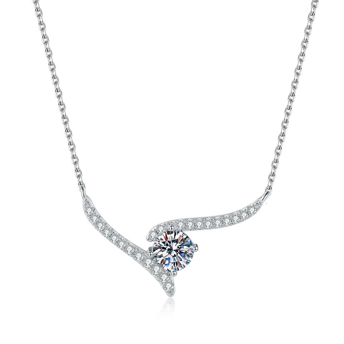 V-Shaped Moissanite Collar Necklace in Platinum-Plated S925 Sterling Silver on clean white background showing the V-shaped collar necklace with a side-set moissanite