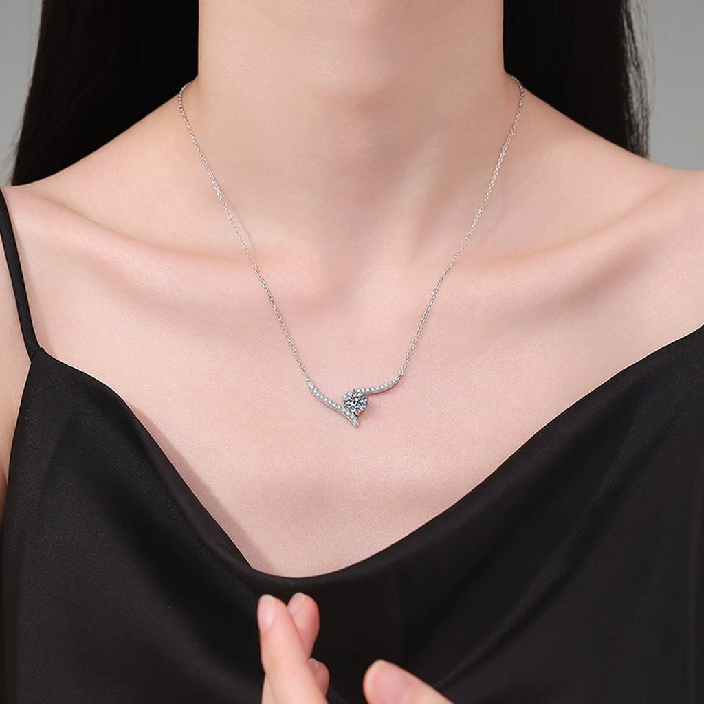 V-Shaped Moissanite Collar Necklace in Platinum-Plated S925 Sterling Silver worn on neckline by model
