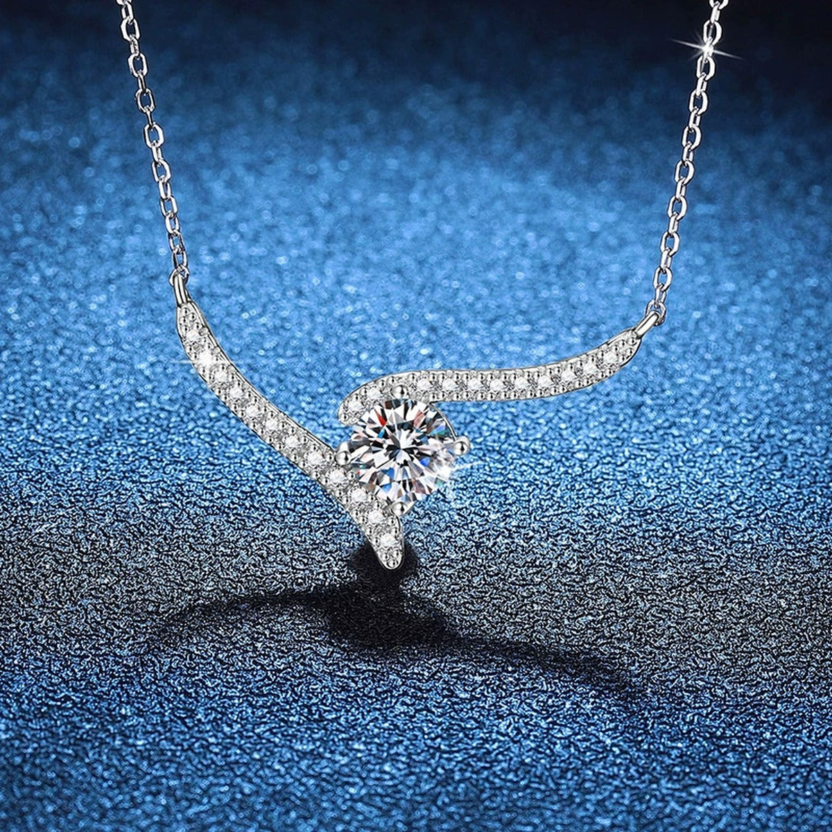 V-Shaped Moissanite Collar Necklace in Platinum-Plated S925 Sterling Silver blue background product view