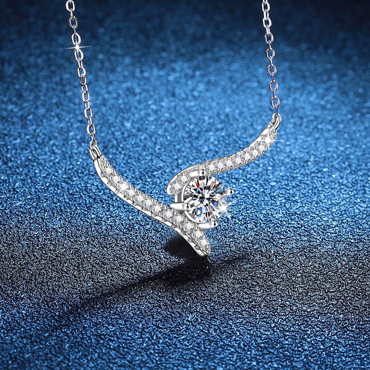 V-Shaped Moissanite Collar Necklace in Platinum-Plated S925 Sterling Silver blue background close-up view