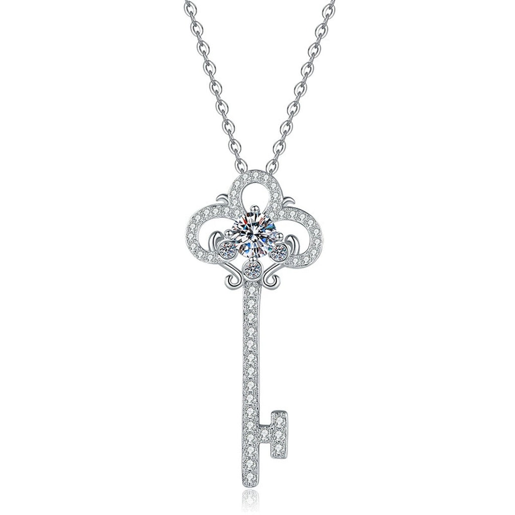 Key Moissanite Pendant Necklace in Platinum-Plated S925 Sterling Silver on clean white background showing the slender key pendant with a round moissanite