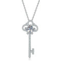 Key Moissanite Pendant Necklace in Platinum-Plated S925 Sterling Silver on clean white background showing the slender key pendant with a round moissanite